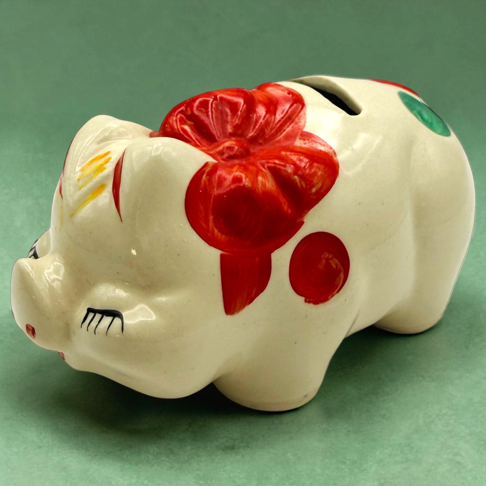 American Bisque Piggy Bank Polka Dot Red Bow Vintage Painted Pottery 5.5" READ